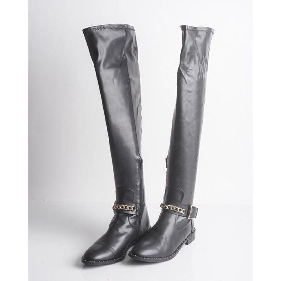 Zara Trafaluc Womens Over Knee Boots Black Chain Buckle Detail Zip Up US 9 EU 40 - Picture 1 of 10